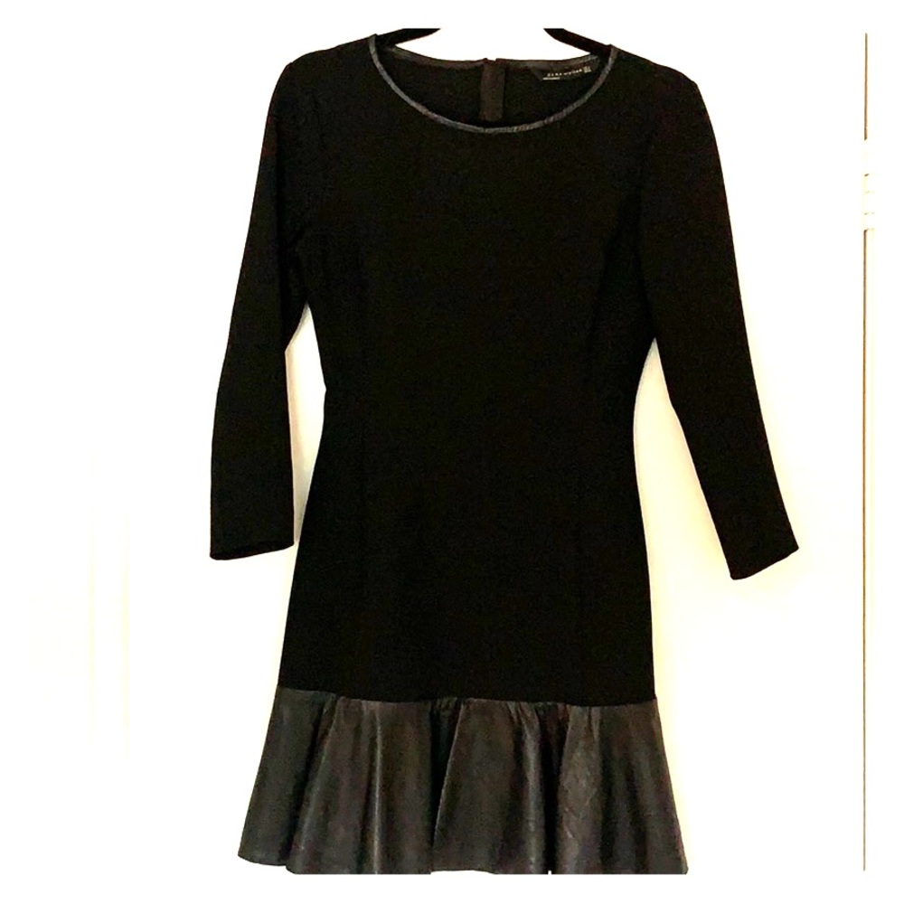 Zara Black Long-sleeve Leather Trim Dress Small